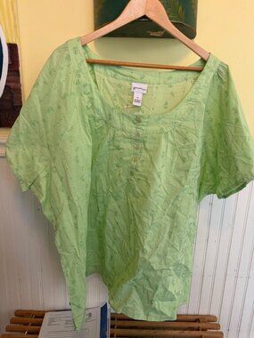 Venezia Vintage Green Floral Plus Size Blouse 4X Button Front Puff Sleeve Top
